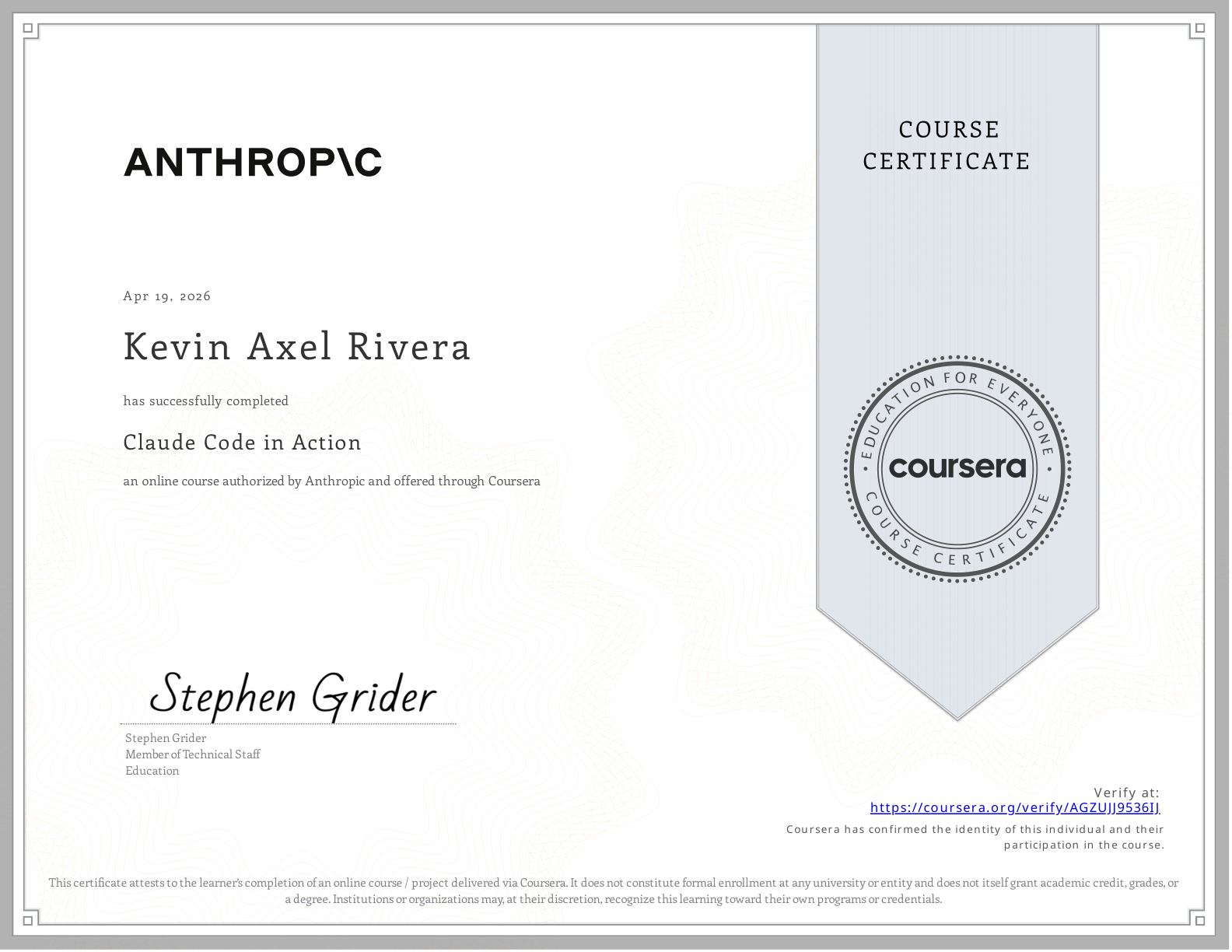 Preview of Claude Code in Action certificate